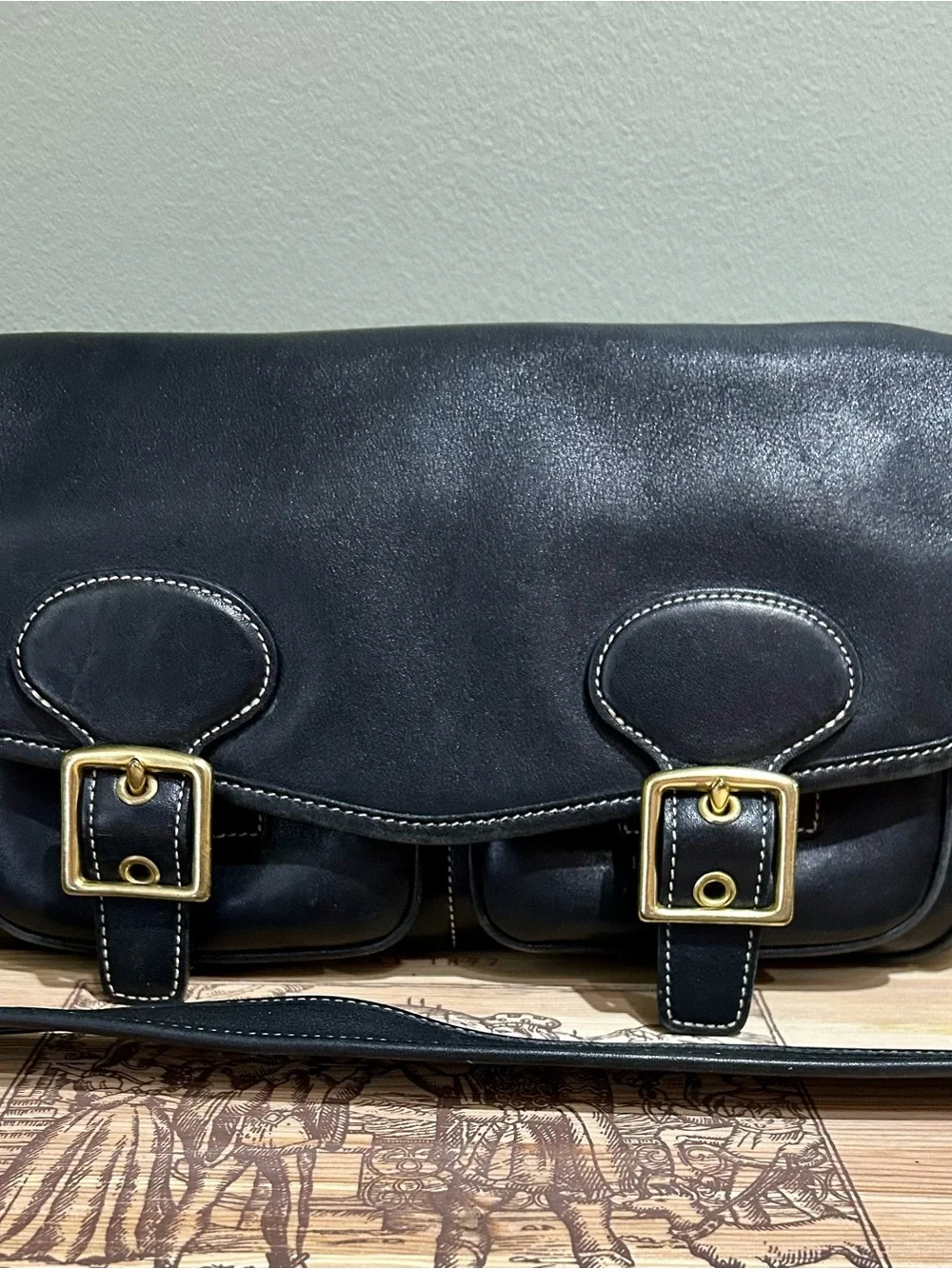 Authentic Coach Black Leather Shoulder Bag with Gold Buckles
